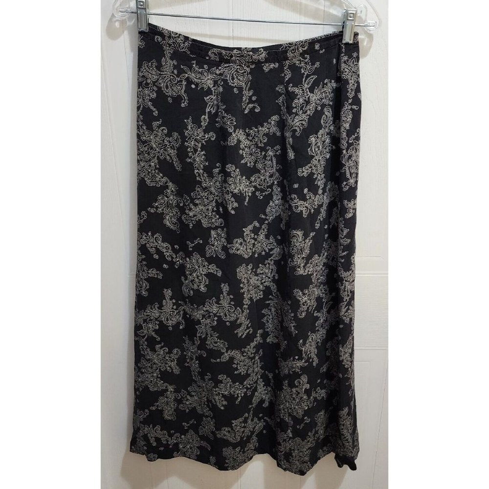 Talbots Women's 100% Pure Silk Midi Skirt Lined Black White Floral Size 8
